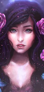 Ethereal woman with roses and butterflies on a mystical purple backdrop.