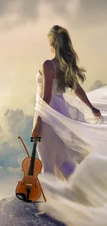 Ethereal woman in dress with violin on cliff, soft clouds.