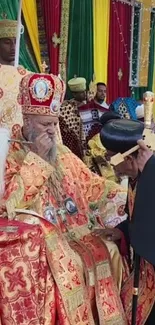 Ethiopian traditional ceremony with colorful attire and cultural display.