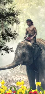 Tribal man rides elephant in lush forest with vibrant flowers.