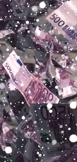 Euro notes with snowflakes mobile wallpaper in purple tones.