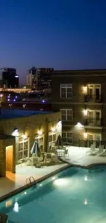 Evening view of city skyline with illuminated pool.