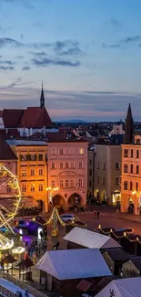 Cityscape at dusk with Ferris wheel and luminous festival lights.