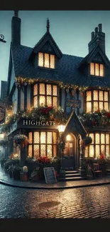 Charming vintage street at night with cozy, warmly lit house and floral decorations.