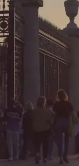Evening crowd walking near decorative gate at sunset.