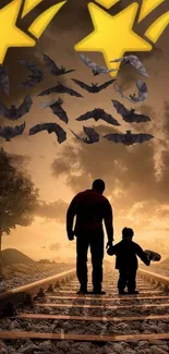 Father and child walk on sunset railway with bats and stars.