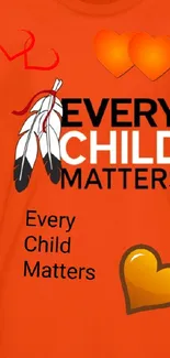 Orange 'Every Child Matters' design with hearts and feathers image.