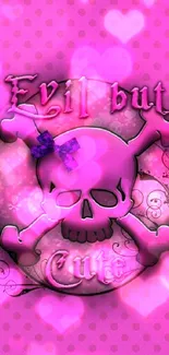 Pink skull wallpaper with bow and polka dots, says Evil But Cute.