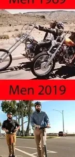 Split image of bikers from 1969 and 2019 against a red background.