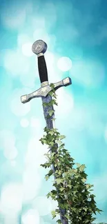 Sword in sky with blue bokeh and greenery.