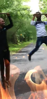 Two men adventuring in a lush forest with fiery effects.