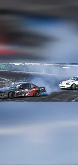 Dynamic car drifting scene with smoke on a racetrack.