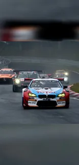 Dynamic car racing on a track with fast-moving vehicles.