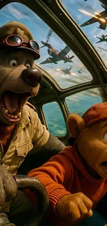 Cartoon animals piloting a plane in the sky.