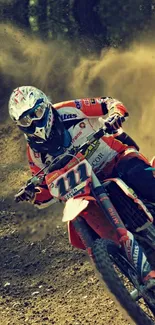 Dirt bike racer speeding through rough terrain, capturing the excitement of motocross.