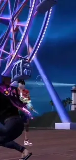 Ferris wheel adventure under starry night sky with lighthouse view.