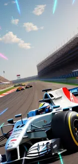 Formula 1 cars racing on a sunny track, vibrant and dynamic scene.