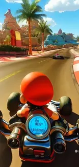 Animated kart racing on desert track with palm trees.