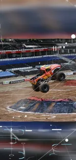 Monster truck mid-air jump in stadium wallpaper.