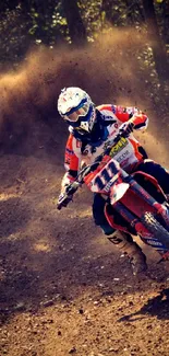 Motocross rider taking a sharp turn on a dirt track in an action-packed scene.