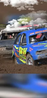 Dynamic mud racing cars under cloudy skies.