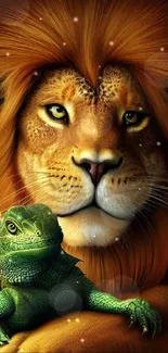 Lion, squirrel, and iguana in striking mobile wallpaper.