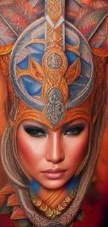 Exotic Art Deco portrait with intricate design and rich orange hues.