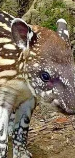 Close-up of a baby tapir in natural habitat with brown and white patterns.