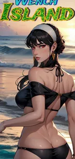 Anime artwork of a woman on a beach in a dark swimsuit.