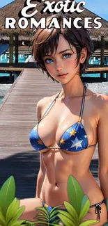 Anime girl in bikini at an exotic beach.