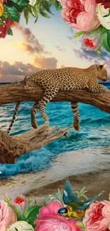 Cheetah on a branch with a beach sunset and colorful flowers backdrop.