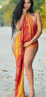 Exotic woman on a tropical beach with orange attire.