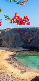 Scenic view of exotic beach with turquoise waters and vibrant flowers.