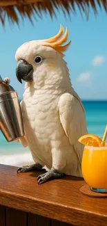 Tropical parrot holding cocktail shaker on beach.