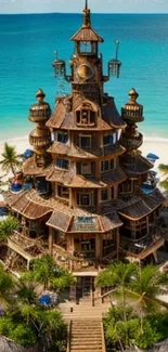 Wooden tower on a tropical beach with palm trees and blue ocean.