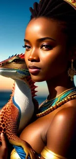 Exotic woman with dragon at beach, vibrant colors.