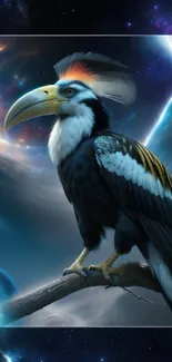 Illustrated hornbill set against a cosmic galaxy-themed background.