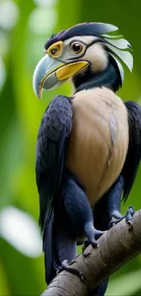 Wallpaper of an exotic bird sitting on a branch with green leaves in the background.