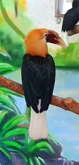 Hornbills perched in lush nature scene.