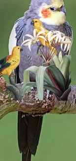 Mobile wallpaper featuring exotic birds perched among artistic floral designs.