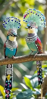 Two colorful birds with jewels on a branch.