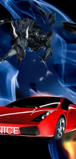 Dynamic wallpaper with red sports car and dragon on black background.