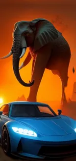 Wallpaper featuring a sports car and elephant under a vibrant sunset.