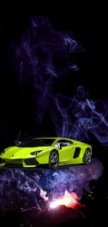 Neon green car with purple smoke against black background.