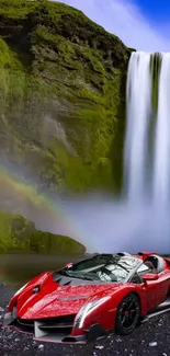 Red sports car at serene waterfall with rainbow