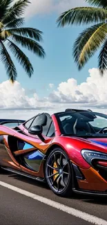 Red sports car parked by palm-lined beach road.