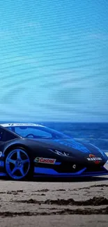 Black sports car on a sandy beach with ocean view.