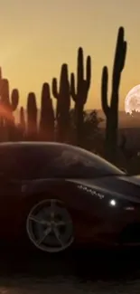 Exotic car in desert sunset with moon and cacti.