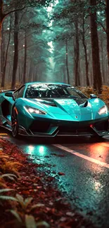 Teal sports car on a misty forest road.