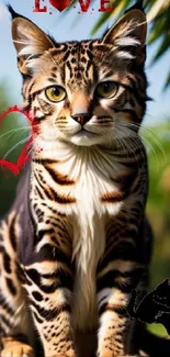 Exotic cat with heart design in lush green background.